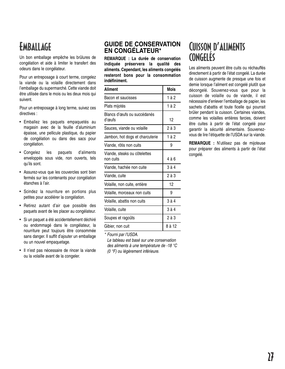 27 emballage, Cuisson d’aliments congelés, Guide de conservation en congélateur | Amana 1-82034-002 User Manual | Page 27 / 48