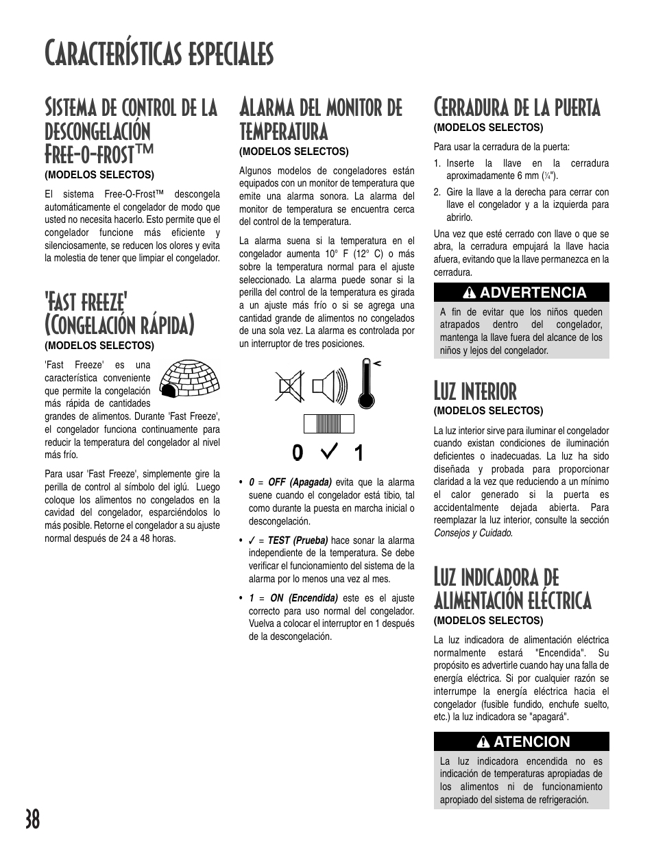 Características especiales, Fast freeze' (congelación rápida), Luz interior | Luz indicadora de alimentación eléctrica, Cerradura de la puerta, Alarma del monitor de temperatura | Amana 1-82034-002 User Manual | Page 38 / 48