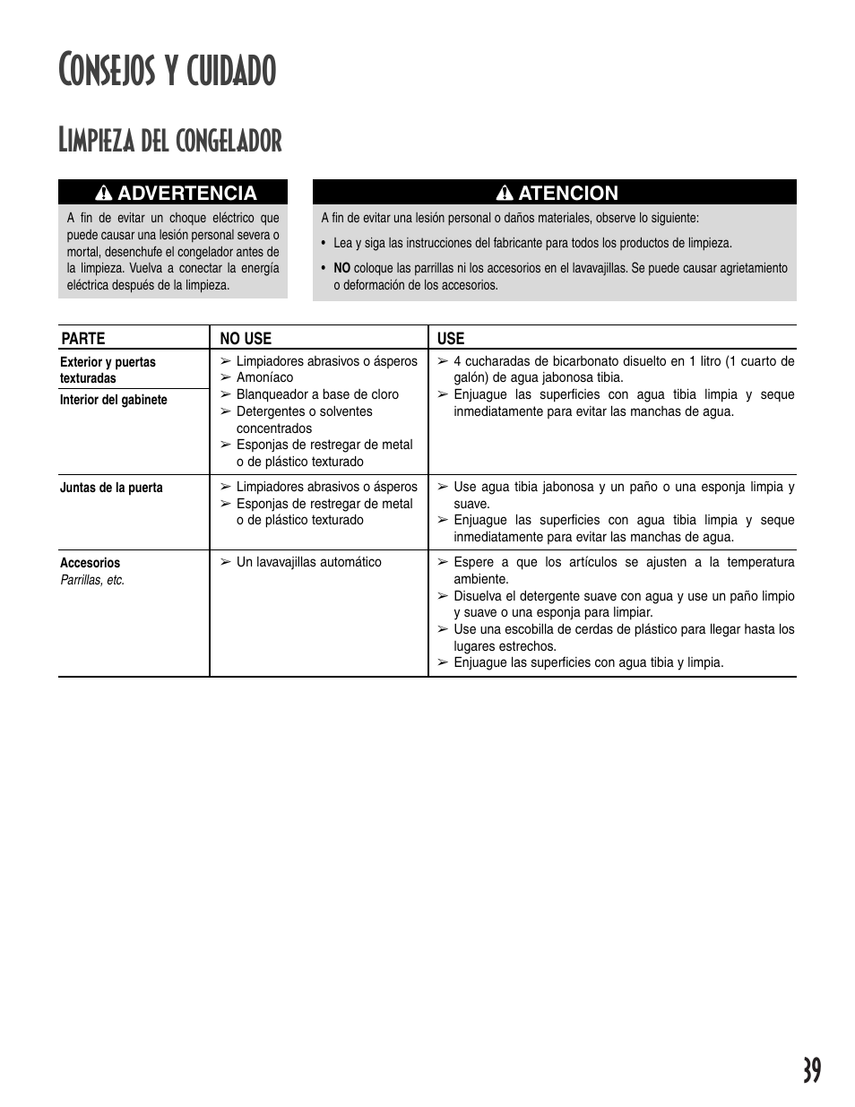 Consejos y cuidado, Limpieza del congelador, Atencion | Advertencia | Amana 1-82034-002 User Manual | Page 39 / 48