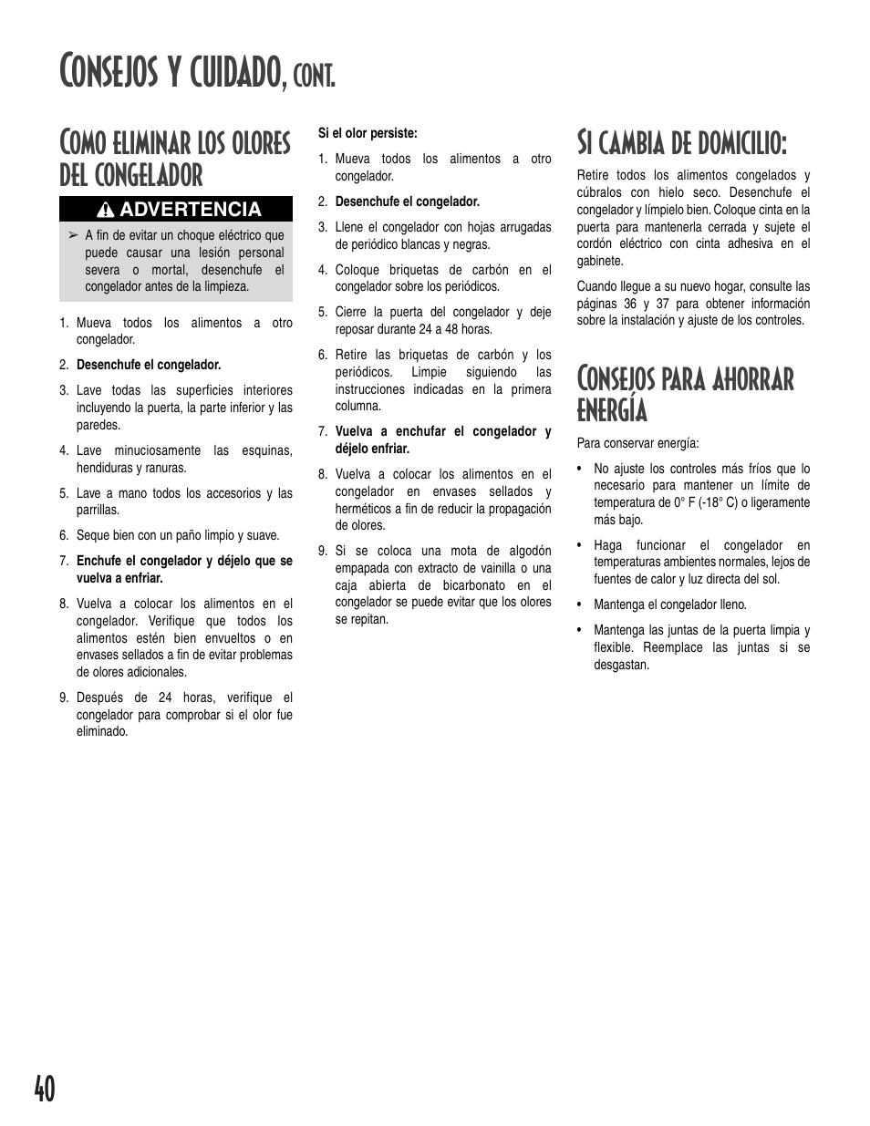 Consejos y cuidado, Cont. como eliminar los olores del congelador, Si cambia de domicilio | Consejos para ahorrar energía | Amana 1-82034-002 User Manual | Page 40 / 48