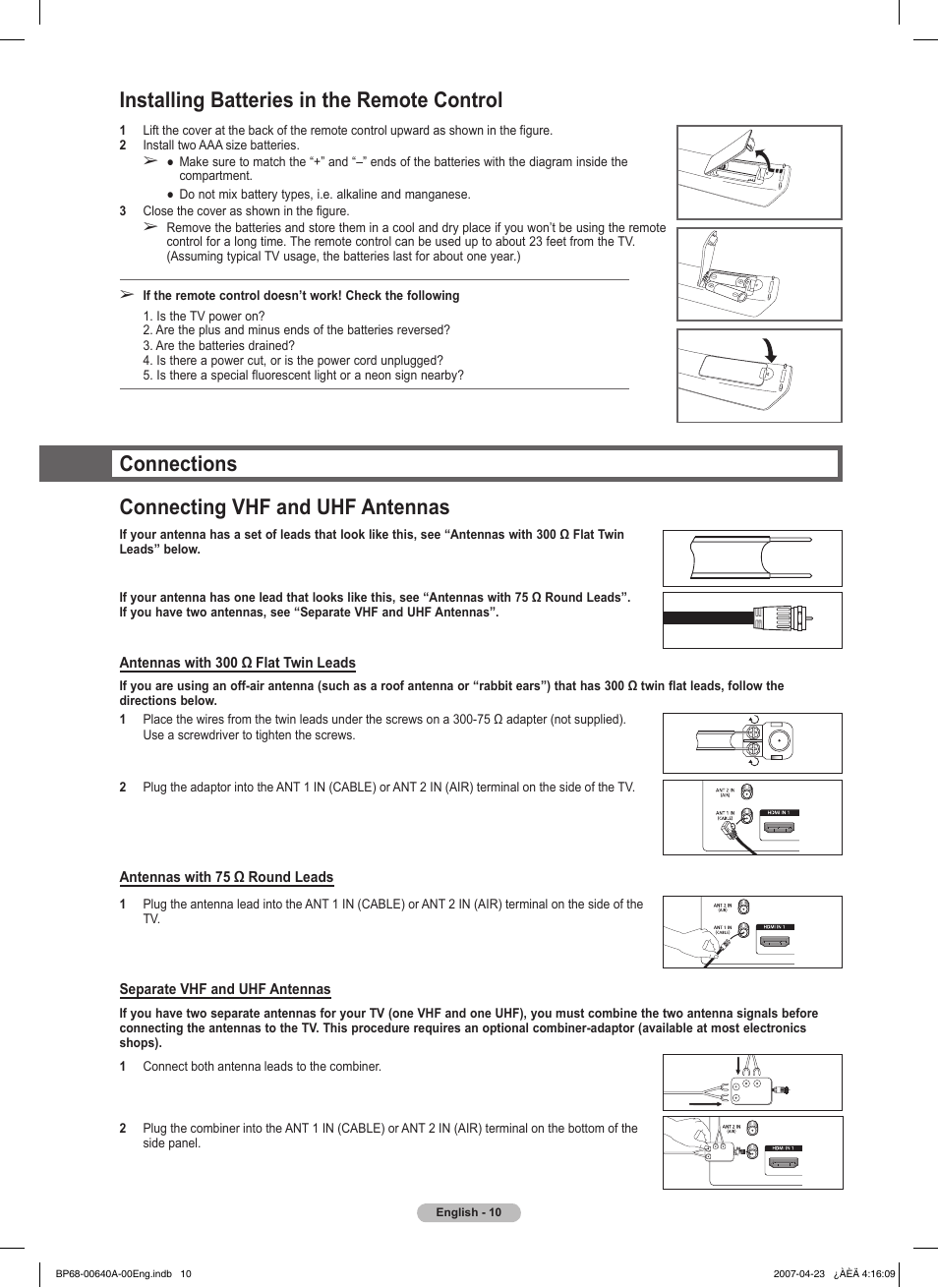 Installing batteries in the remote control, Connections, Connecting vhf and uhf antennas | Connections connecting vhf and uhf antennas | Samsung HLT7288WX-XAA User Manual | Page 10 / 276