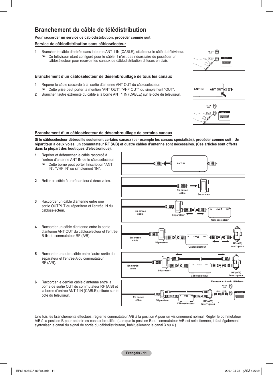 Branchement du câble de télédistribution, Service de câblodistribution sans câblosélecteur | Samsung HLT7288WX-XAA User Manual | Page 106 / 276