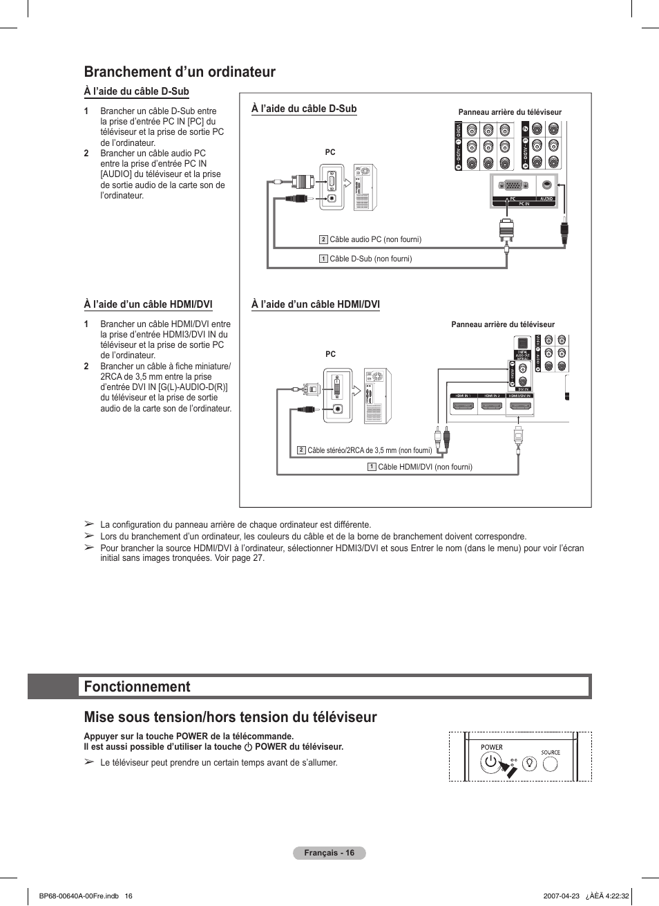 Branchement d’un ordinateur | Samsung HLT7288WX-XAA User Manual | Page 111 / 276