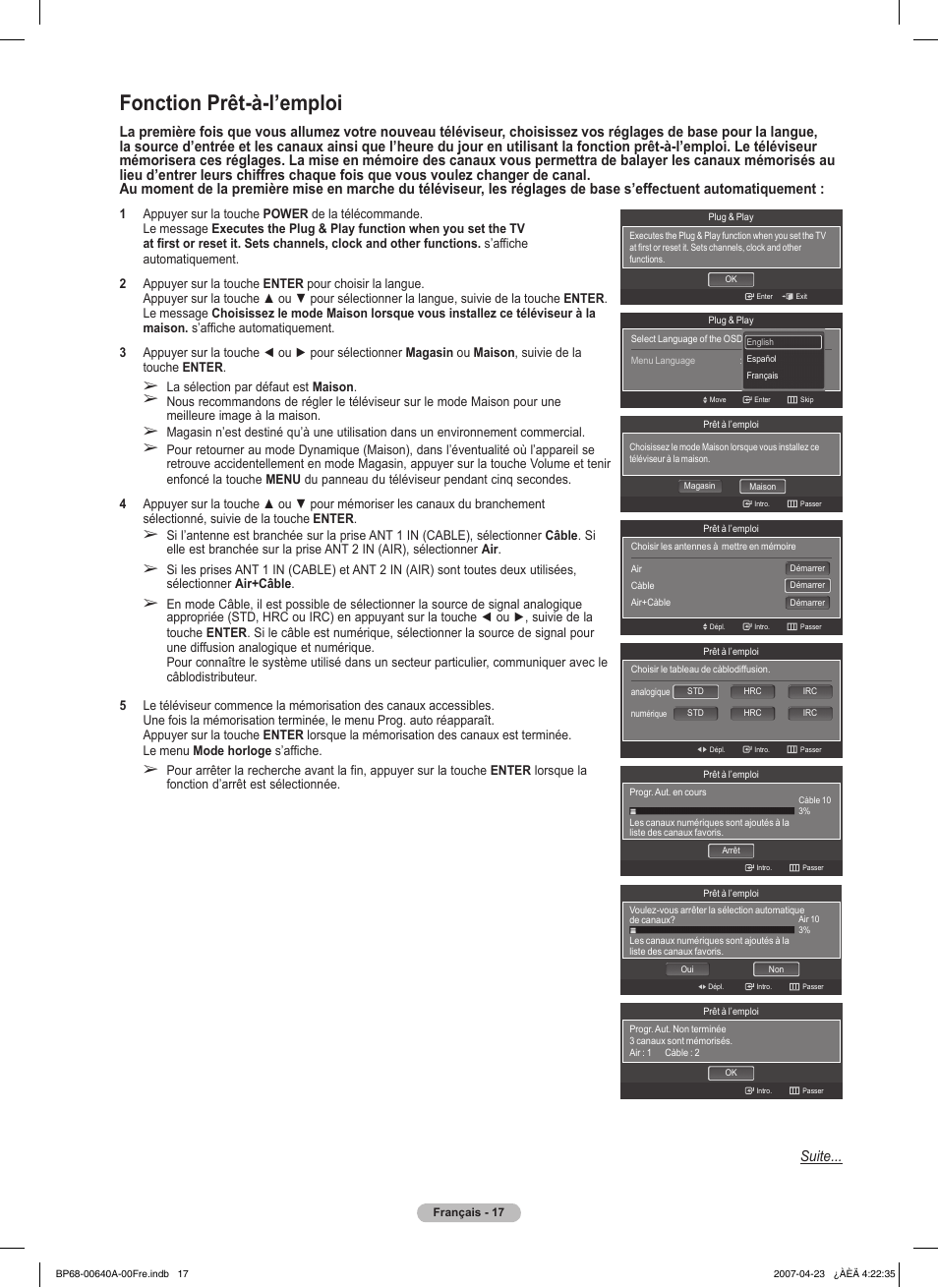 Fonction prêt-à-l’emploi, Suite | Samsung HLT7288WX-XAA User Manual | Page 112 / 276