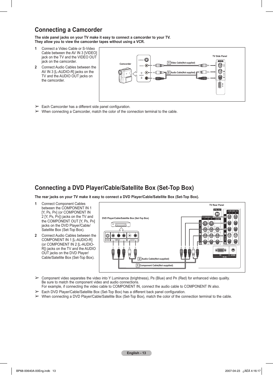 Connecting a camcorder | Samsung HLT7288WX-XAA User Manual | Page 13 / 276