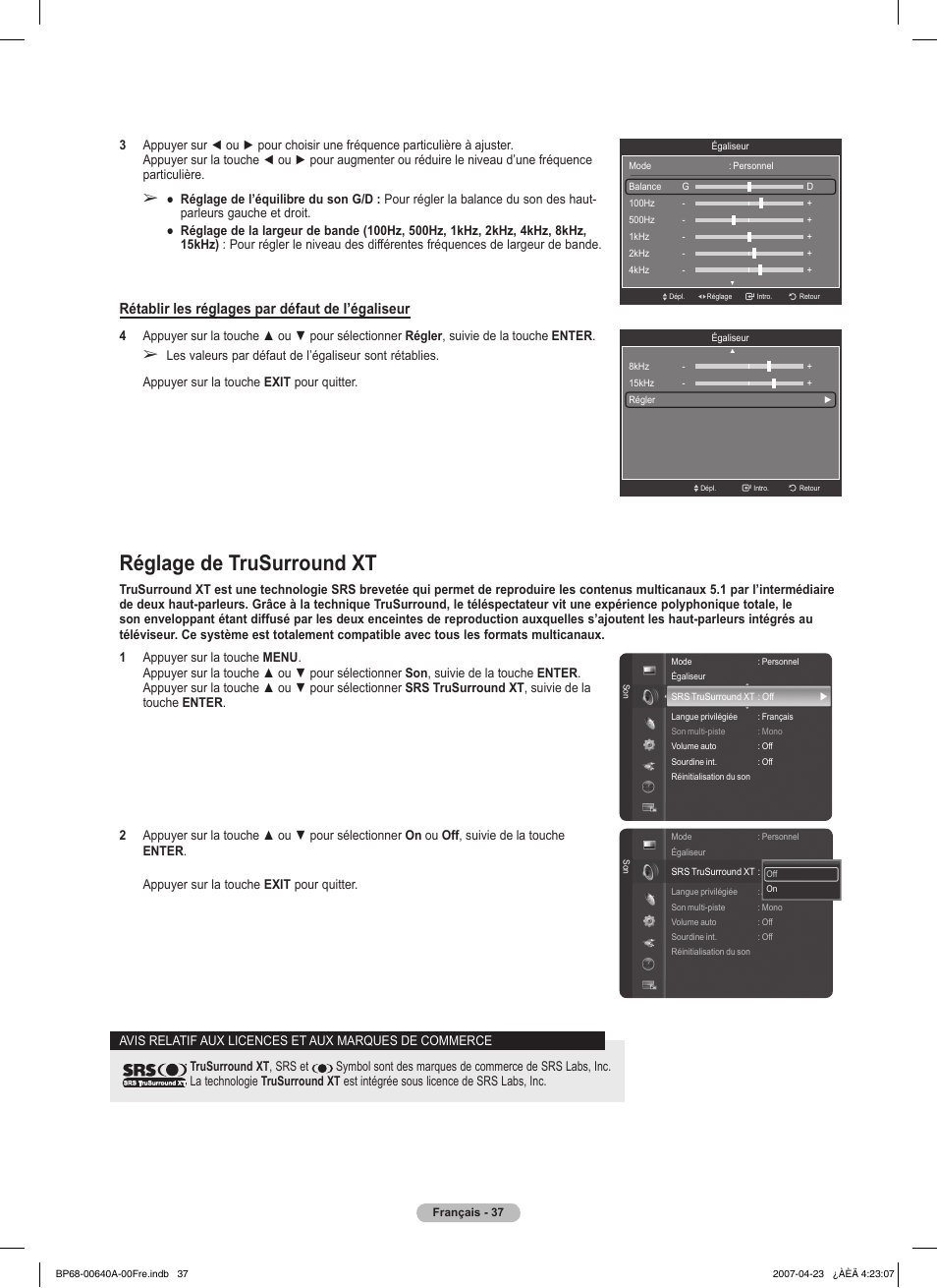 Réglage de trusurround xt, Rétablir les réglages par défaut de l’égaliseur | Samsung HLT7288WX-XAA User Manual | Page 132 / 276