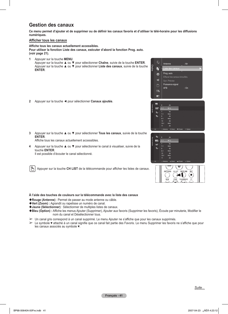 Gestion des canaux, Afficher tous les canaux, Suite | Samsung HLT7288WX-XAA User Manual | Page 136 / 276