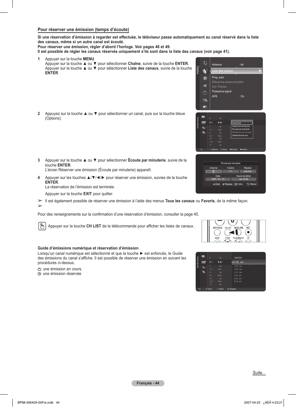 Pour réserver une émission (temps d’écoute), Suite | Samsung HLT7288WX-XAA User Manual | Page 139 / 276