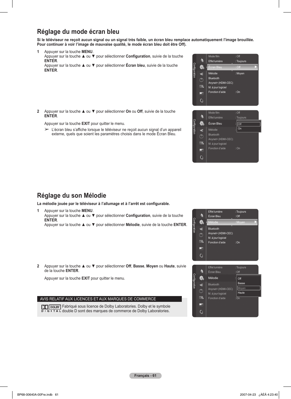 Réglage du son mélodie, Réglage du mode écran bleu | Samsung HLT7288WX-XAA User Manual | Page 156 / 276