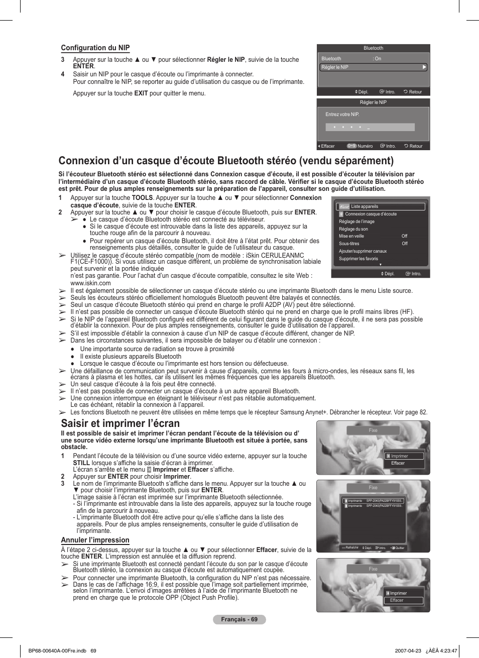 Saisir et imprimer l’écran | Samsung HLT7288WX-XAA User Manual | Page 164 / 276