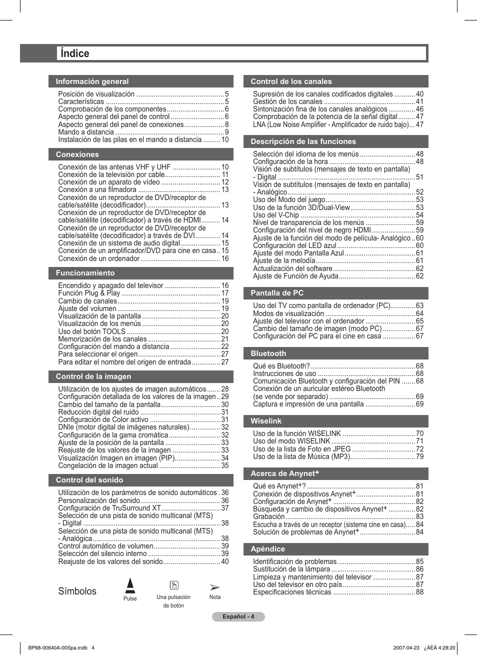 Índice, Símbolos | Samsung HLT7288WX-XAA User Manual | Page 189 / 276
