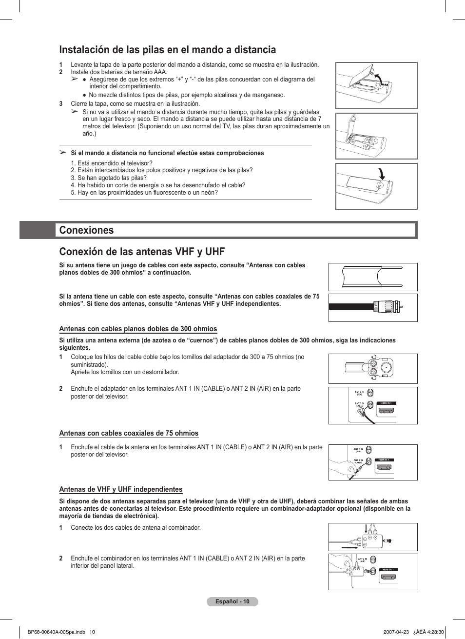 Instalación de las pilas en el mando a distancia, Conexiones conexión de las antenas vhf y uhf | Samsung HLT7288WX-XAA User Manual | Page 195 / 276