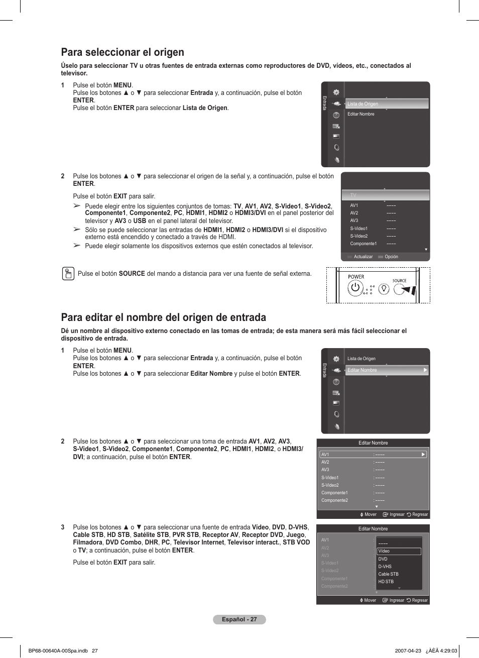 Para seleccionar el origen, Para editar el nombre del origen de entrada | Samsung HLT7288WX-XAA User Manual | Page 212 / 276