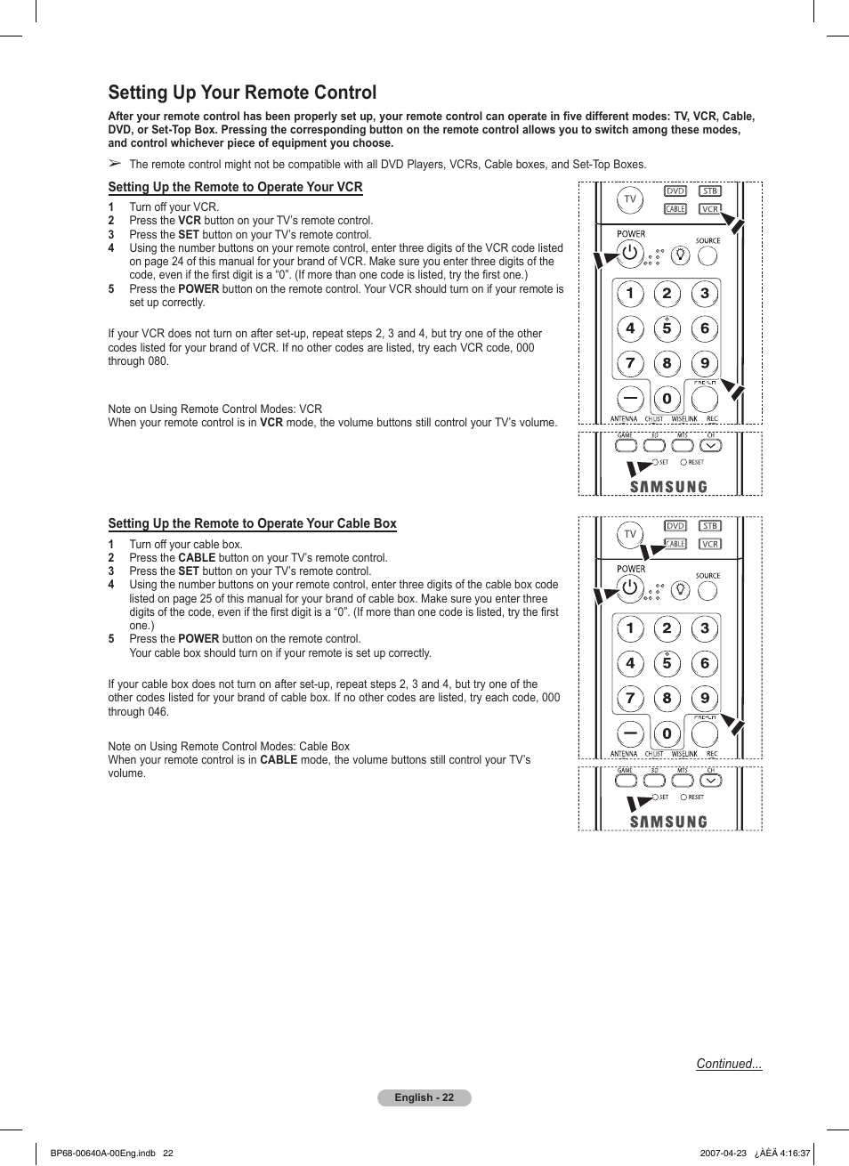 Setting up your remote control | Samsung HLT7288WX-XAA User Manual | Page 22 / 276