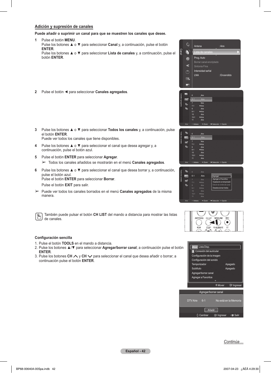 Adición y supresión de canales, Continúa | Samsung HLT7288WX-XAA User Manual | Page 227 / 276