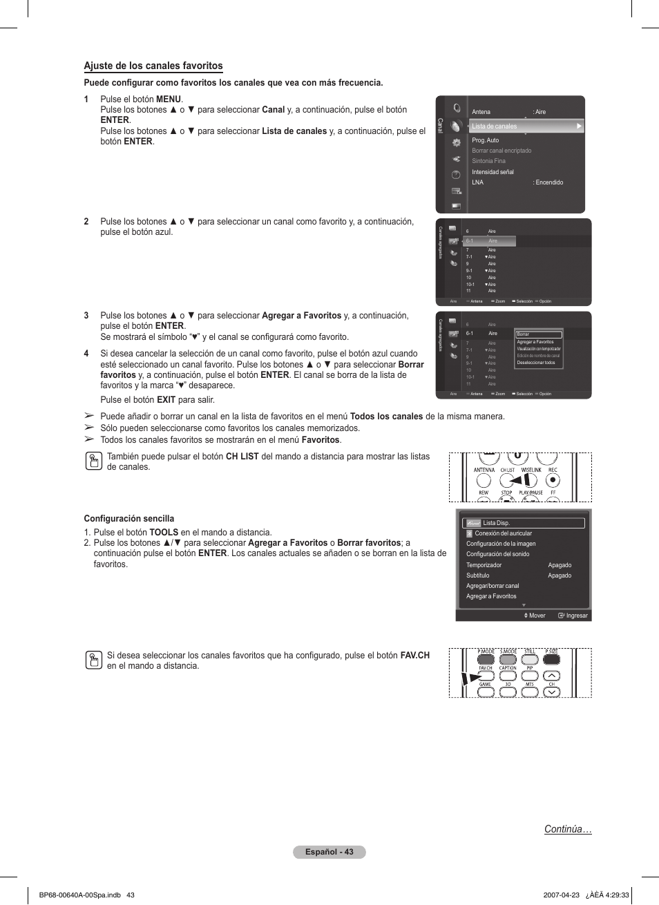Ajuste de los canales favoritos, Continúa | Samsung HLT7288WX-XAA User Manual | Page 228 / 276