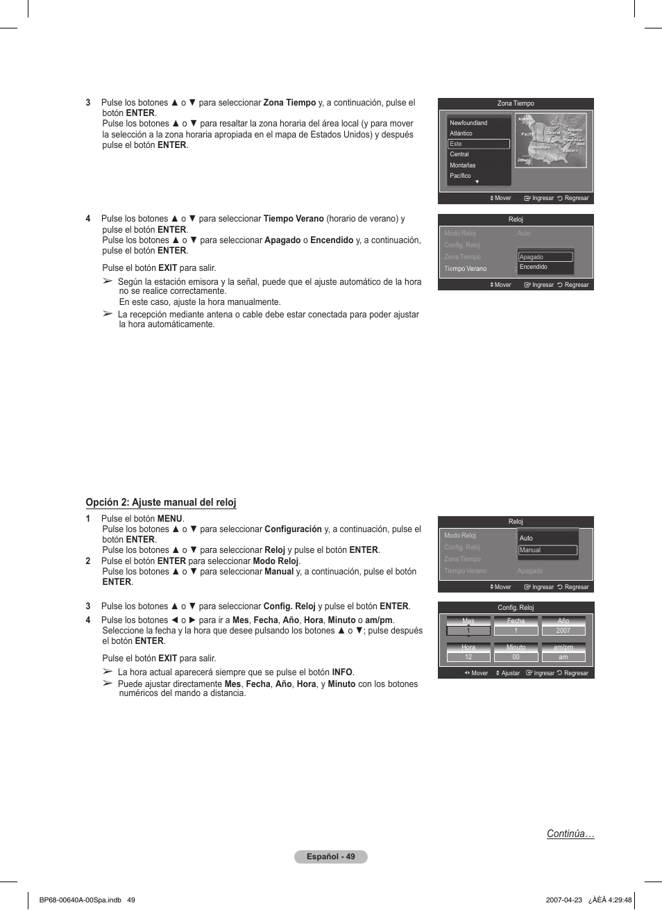 Continúa… opción 2: ajuste manual del reloj | Samsung HLT7288WX-XAA User Manual | Page 234 / 276