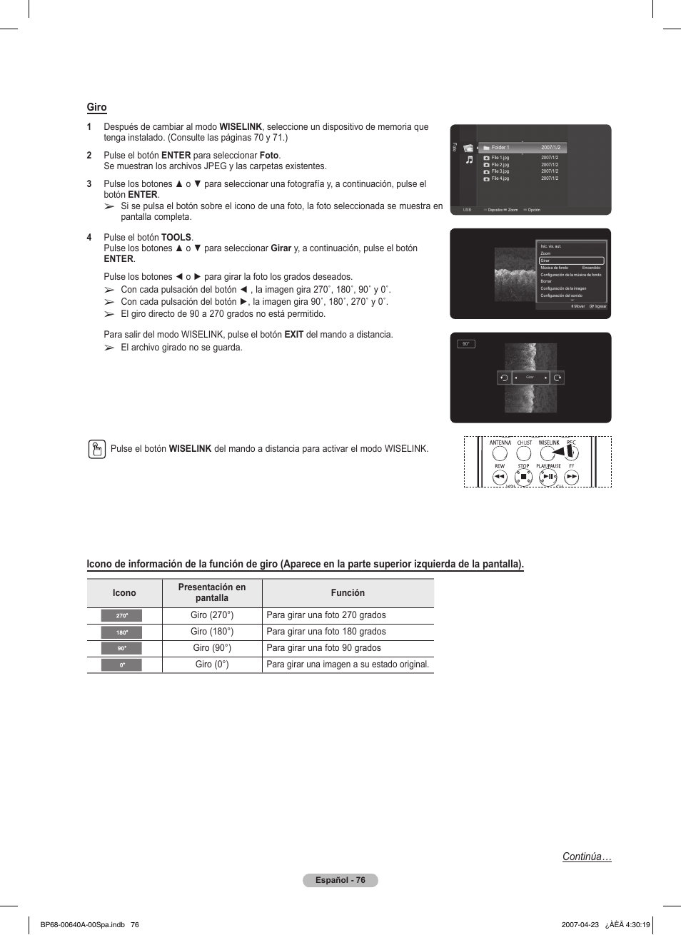 Giro, Continúa | Samsung HLT7288WX-XAA User Manual | Page 261 / 276