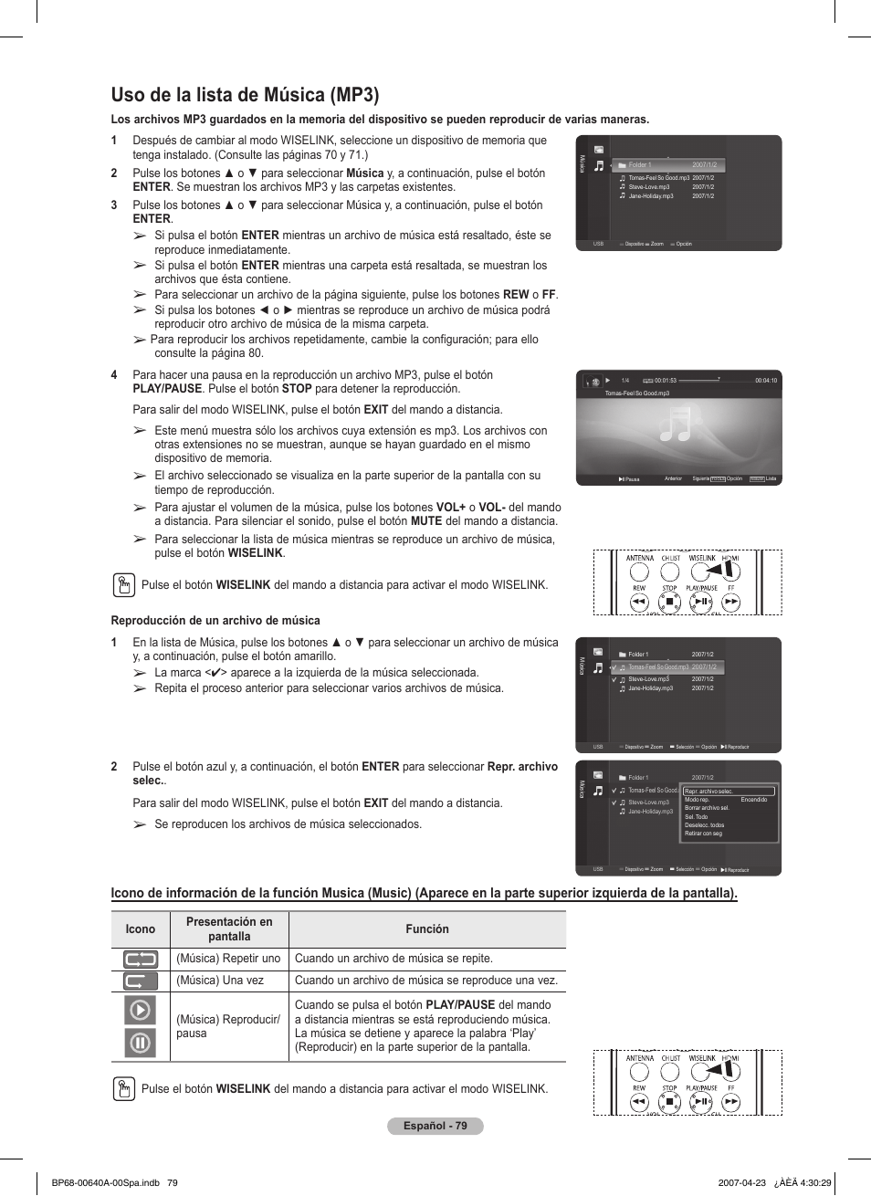 Uso de la lista de música (mp3), Se reproducen los archivos de música seleccionados | Samsung HLT7288WX-XAA User Manual | Page 264 / 276