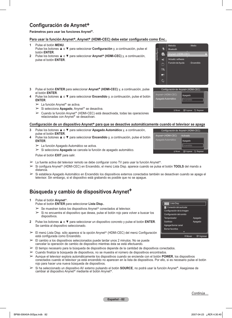 Configuración de anynet, Búsqueda y cambio de dispositivos anynet | Samsung HLT7288WX-XAA User Manual | Page 267 / 276