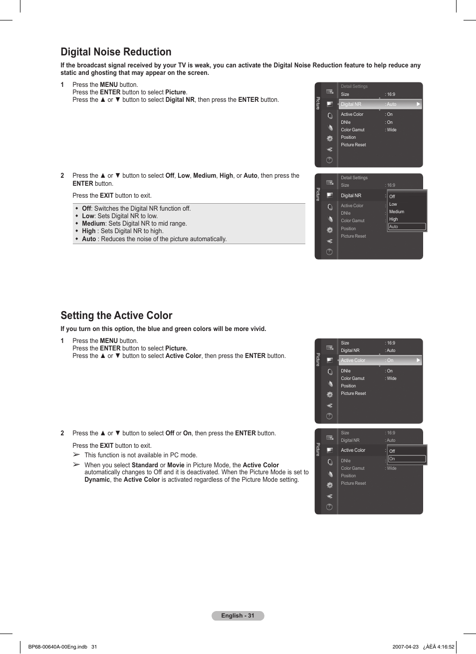 Digital noise reduction, Setting the active color | Samsung HLT7288WX-XAA User Manual | Page 31 / 276