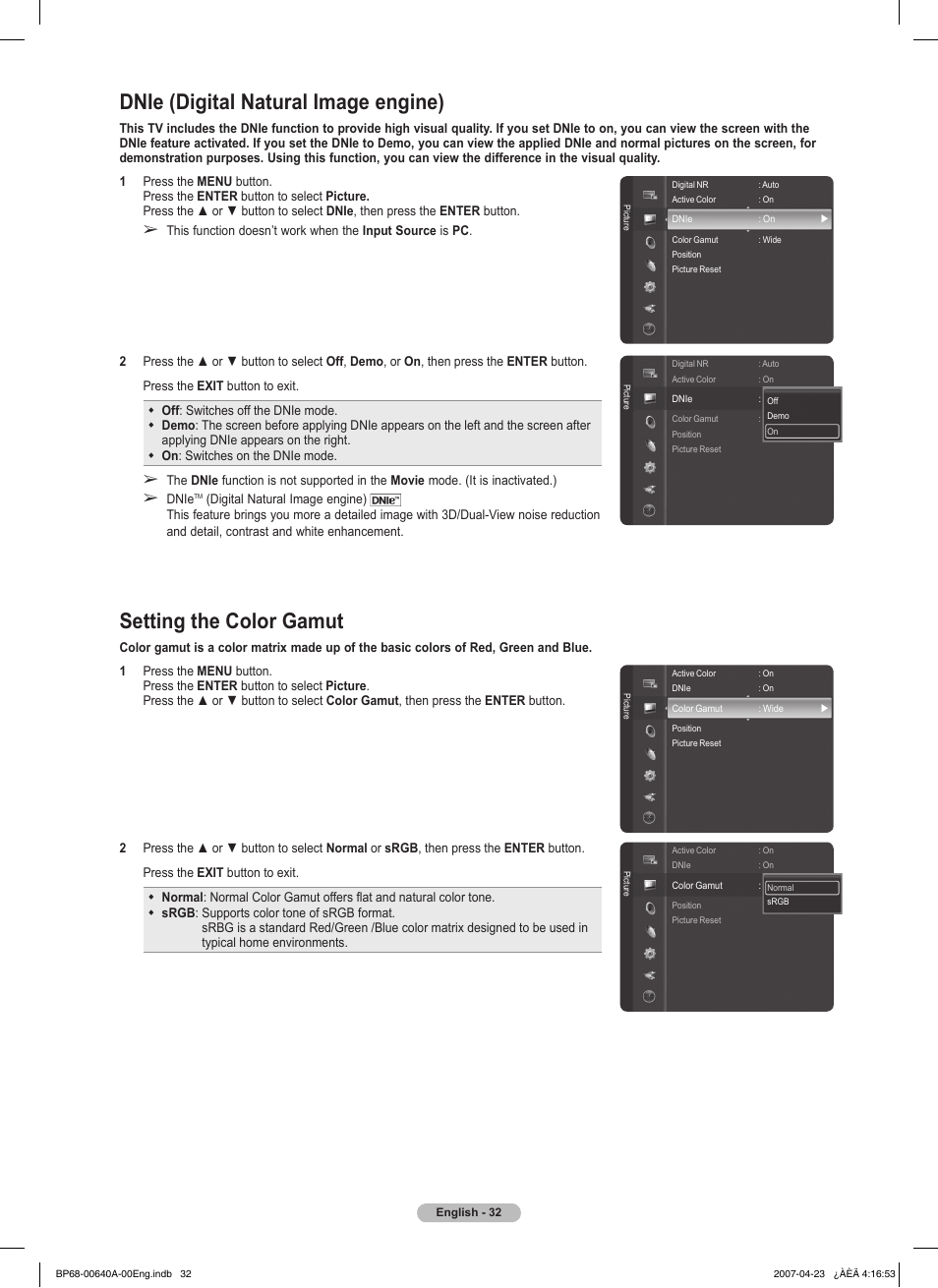 Dnie (digital natural image engine), Setting the color gamut | Samsung HLT7288WX-XAA User Manual | Page 32 / 276