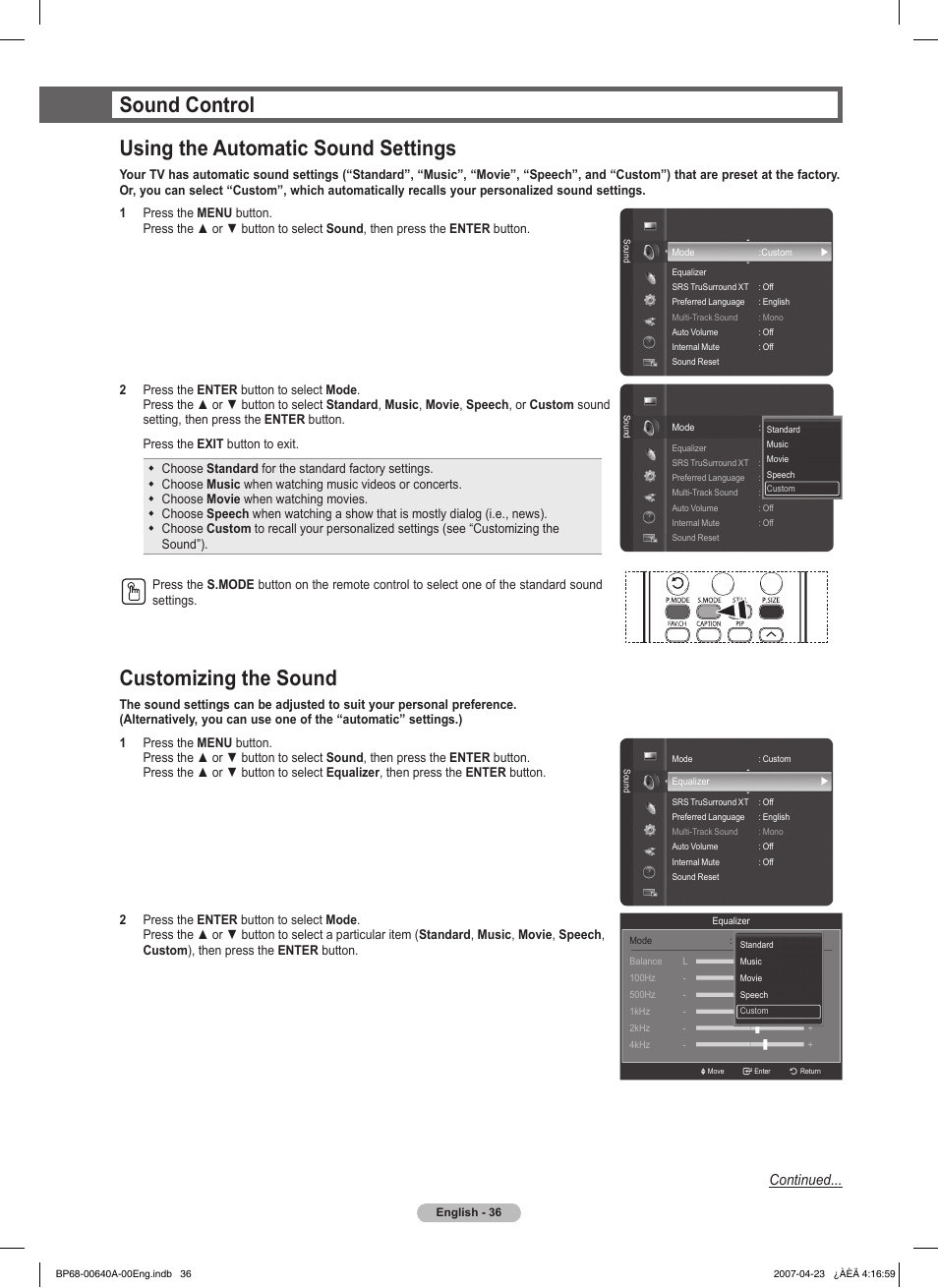 Sound control, Using the automatic sound settings, Customizing the sound | Sound control using the automatic sound settings, Continued | Samsung HLT7288WX-XAA User Manual | Page 36 / 276