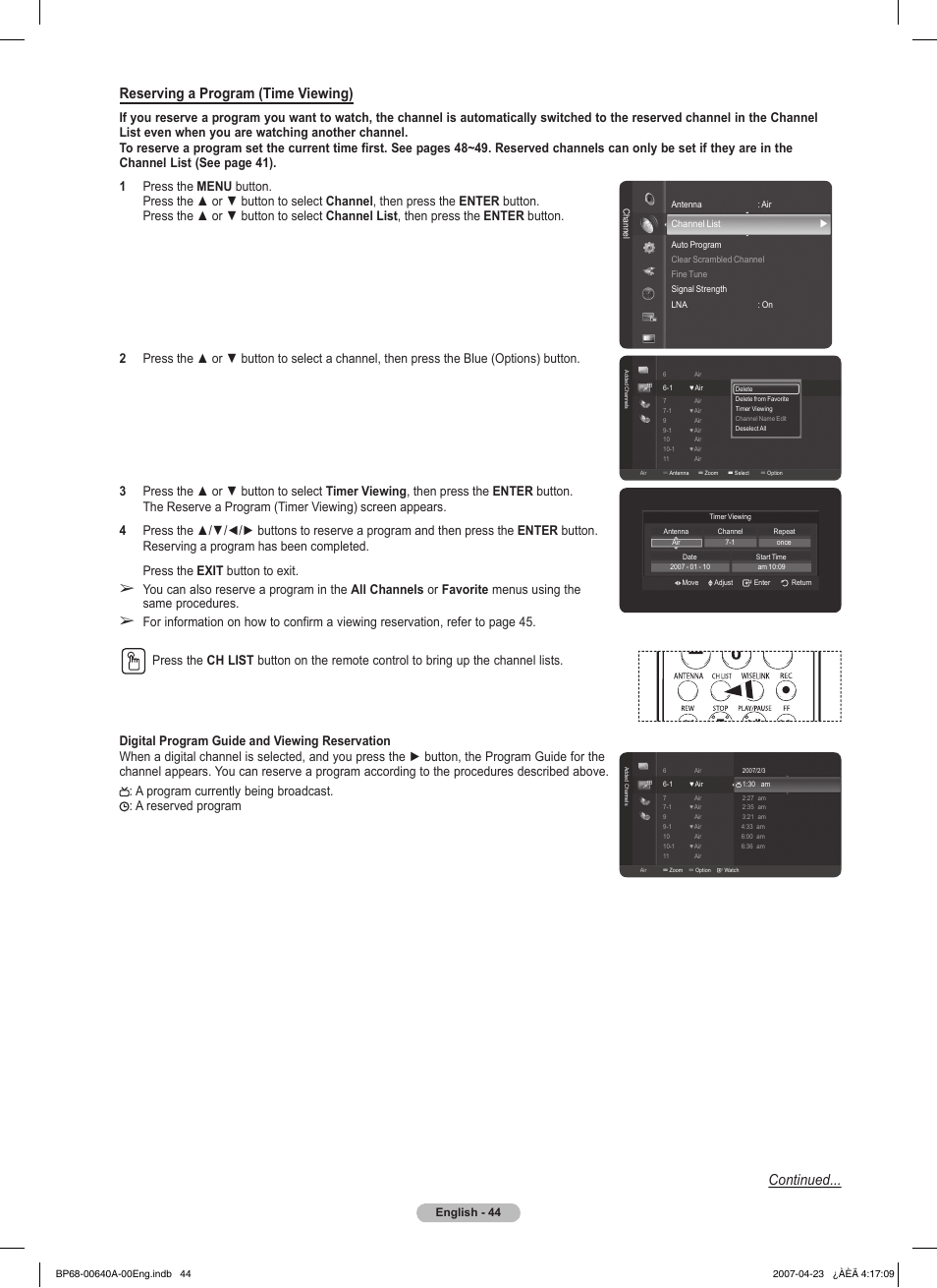 Reserving a program (time viewing), Continued | Samsung HLT7288WX-XAA User Manual | Page 44 / 276