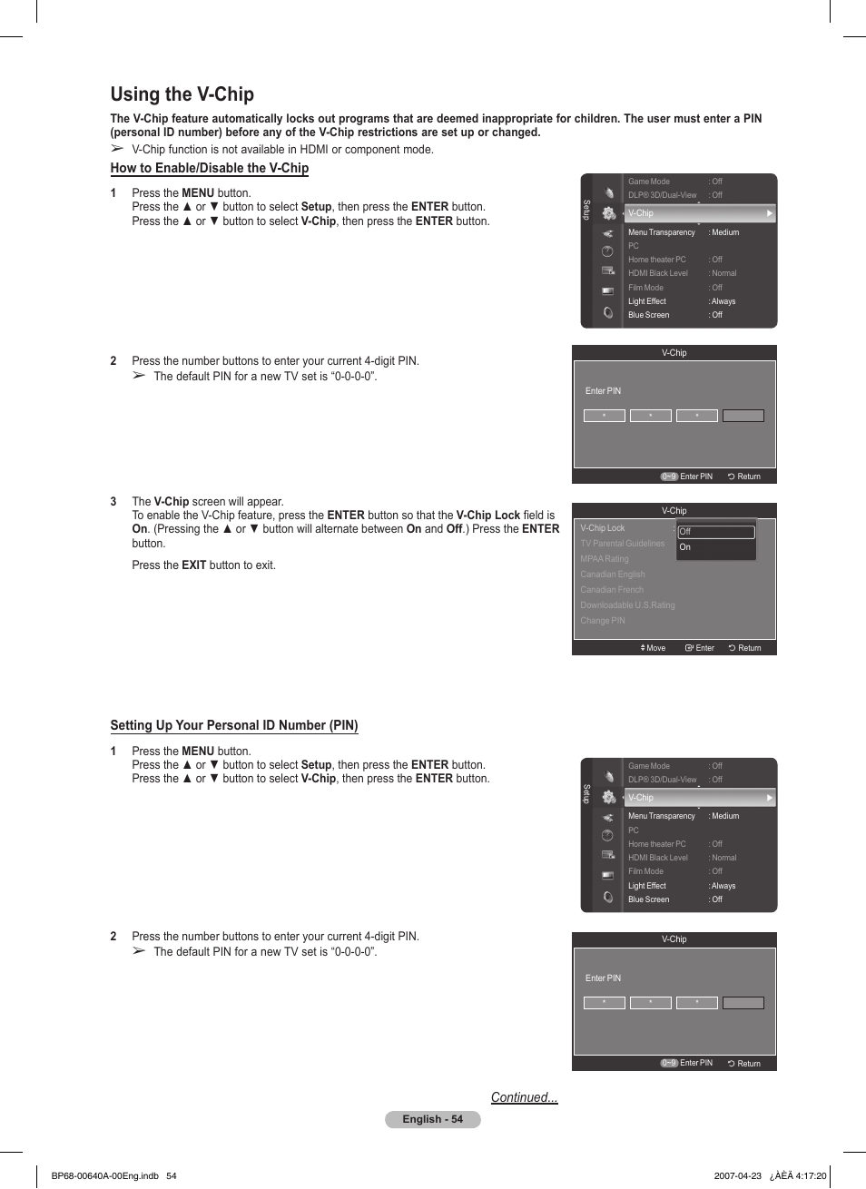 Using the v-chip, How to enable/disable the v-chip, Setting up your personal id number (pin) | Continued | Samsung HLT7288WX-XAA User Manual | Page 54 / 276
