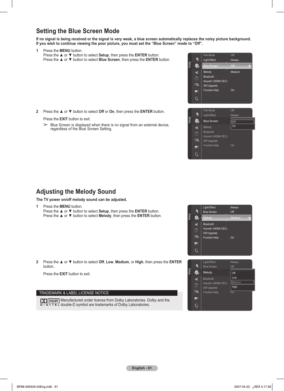 Setting the blue screen mode, Adjusting the melody sound | Samsung HLT7288WX-XAA User Manual | Page 61 / 276