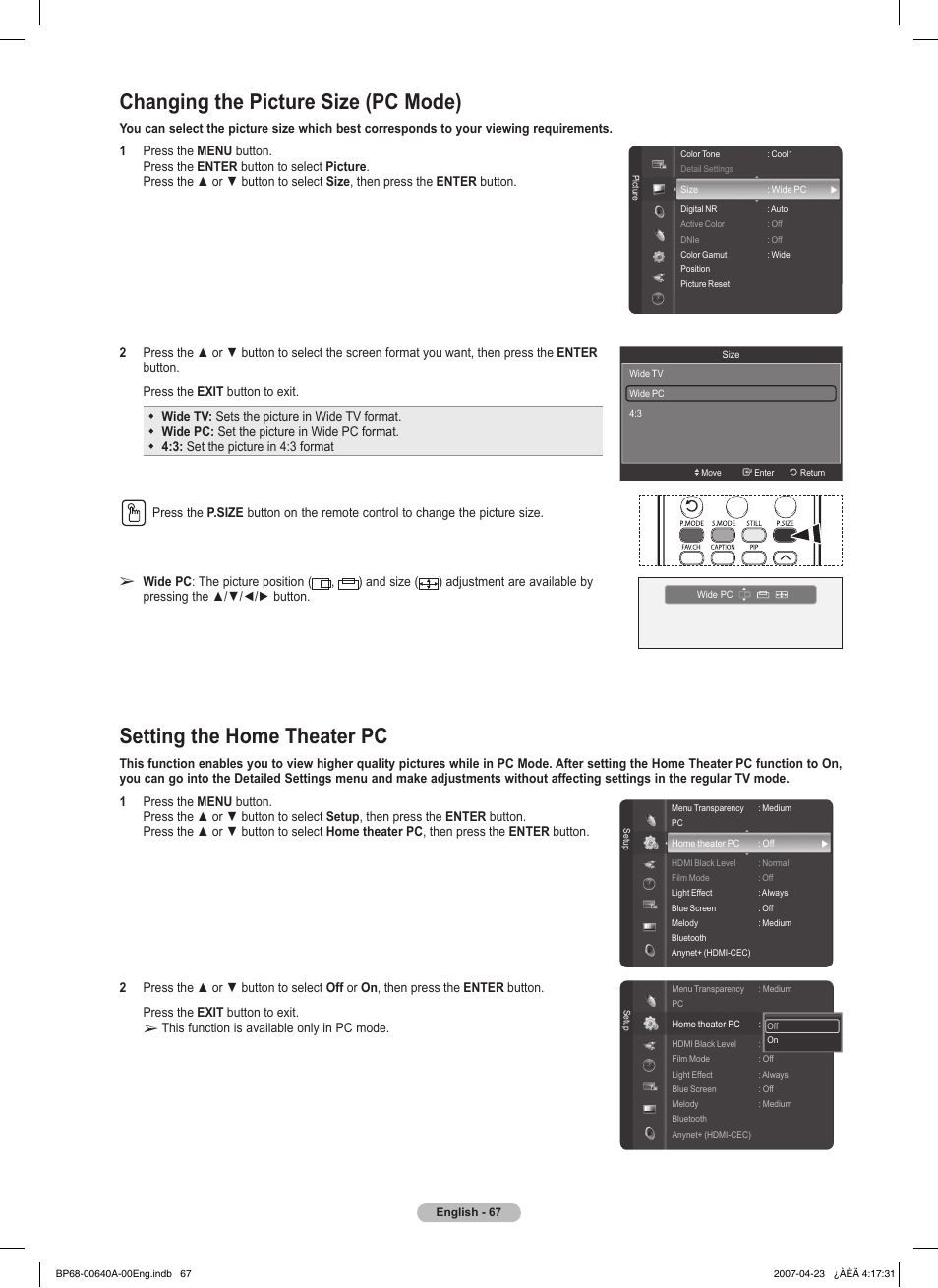 Changing the picture size (pc mode), Setting the home theater pc | Samsung HLT7288WX-XAA User Manual | Page 67 / 276