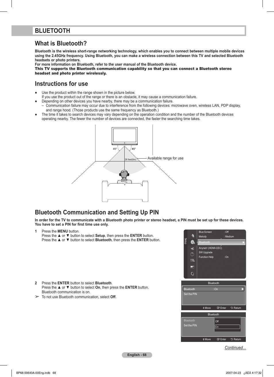 Bluetooth, What is bluetooth, Instructions for use | Bluetooth communication and setting up pin, Bluetooth what is bluetooth | Samsung HLT7288WX-XAA User Manual | Page 68 / 276