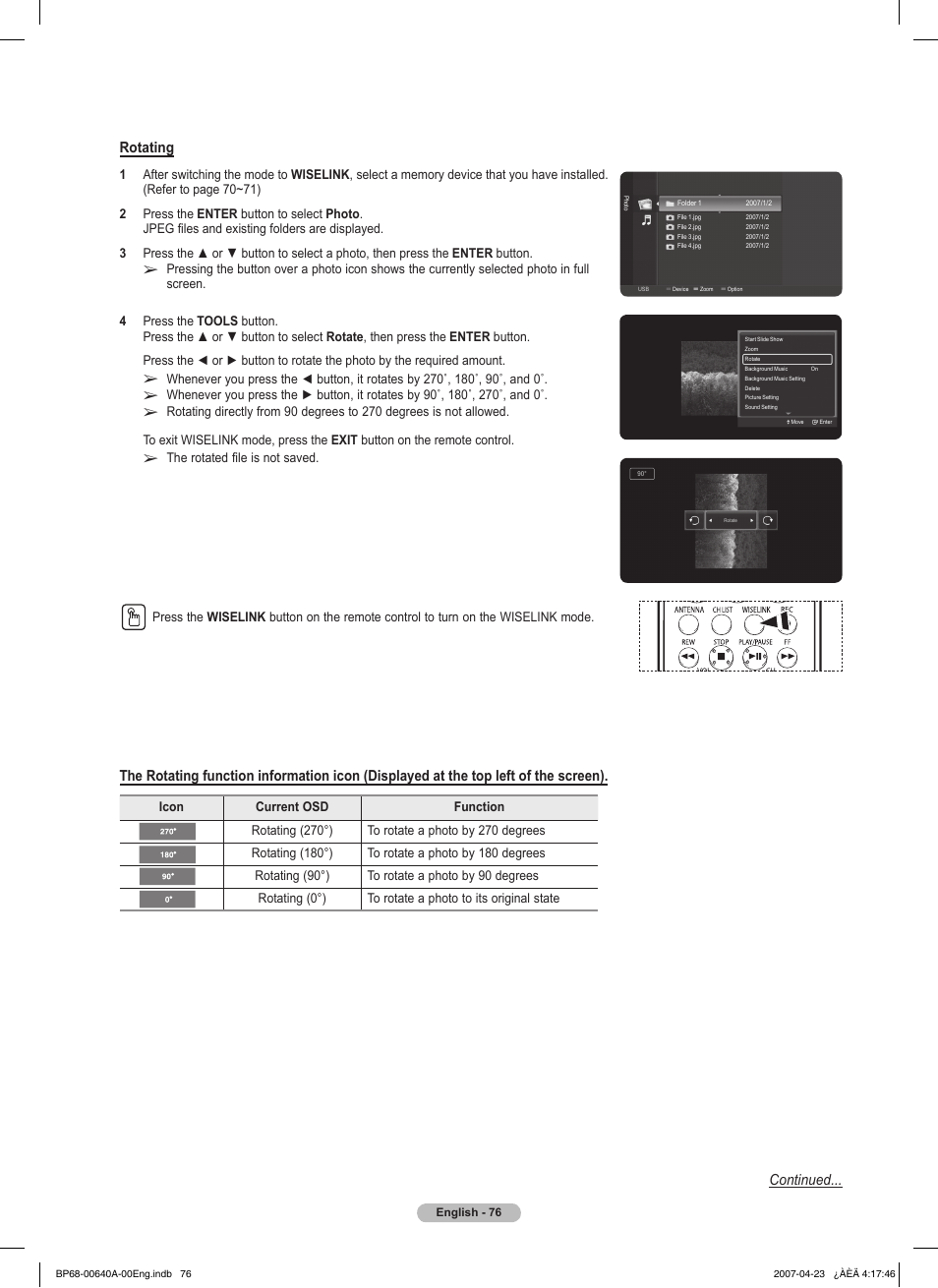 Rotating, Continued | Samsung HLT7288WX-XAA User Manual | Page 76 / 276