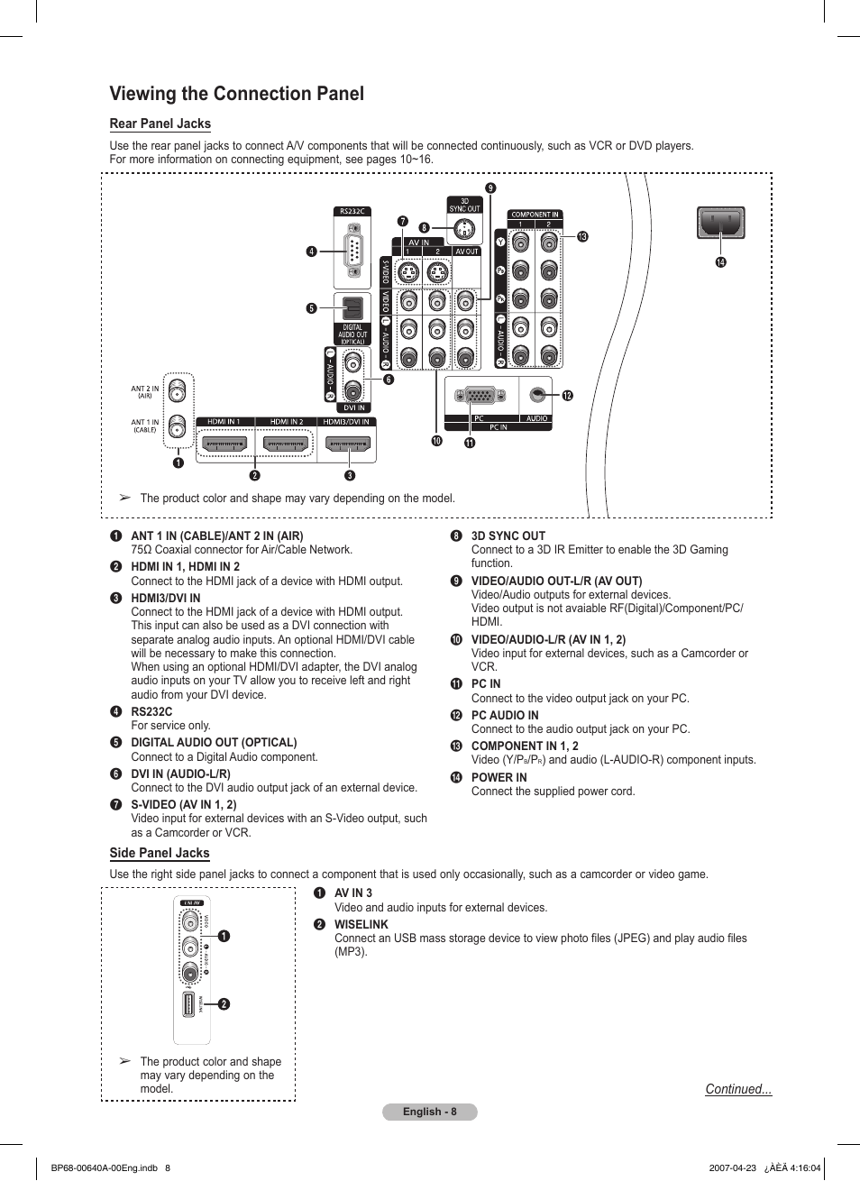 Viewing the connection panel | Samsung HLT7288WX-XAA User Manual | Page 8 / 276