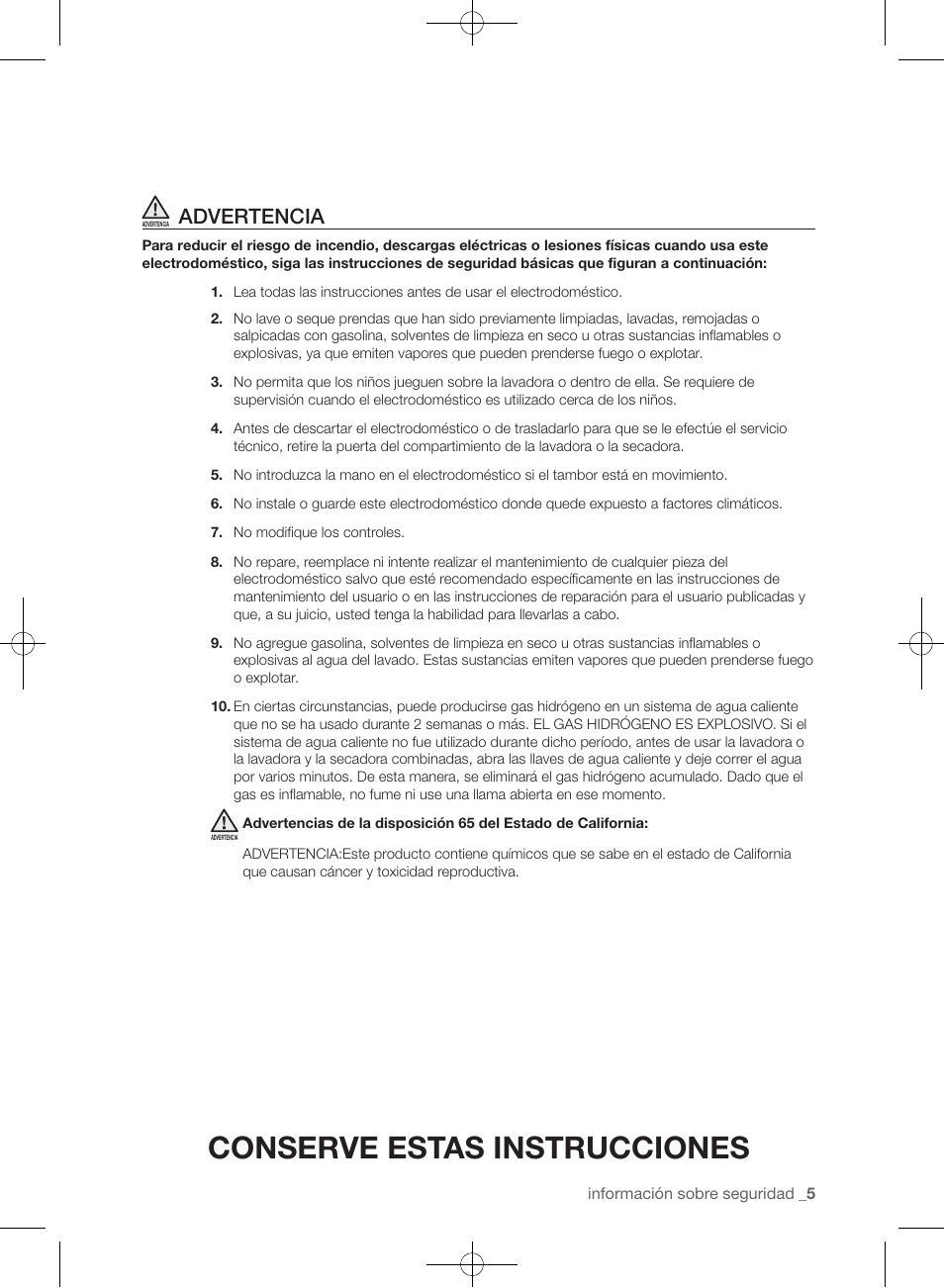 Conserve estas instrucciones, Advertencia | Samsung WF435ATGJRA-A1 User Manual | Page 101 / 144
