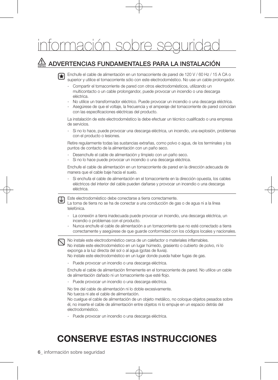Información sobre seguridad, Conserve estas instrucciones, Advertencias fundamentales para la instalación | Samsung WF435ATGJRA-A1 User Manual | Page 102 / 144