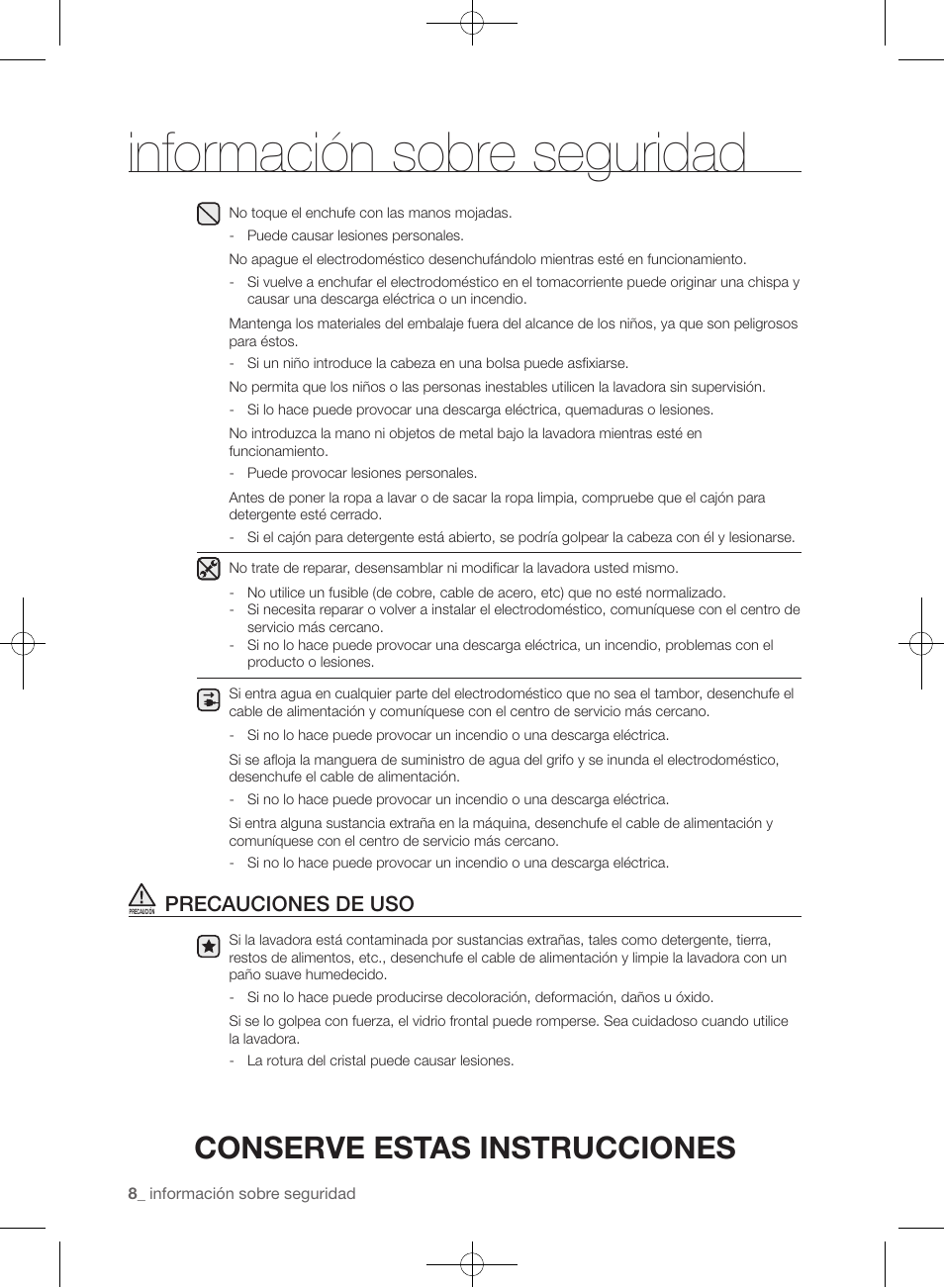 Información sobre seguridad, Conserve estas instrucciones, Precauciones de uso | Samsung WF435ATGJRA-A1 User Manual | Page 104 / 144
