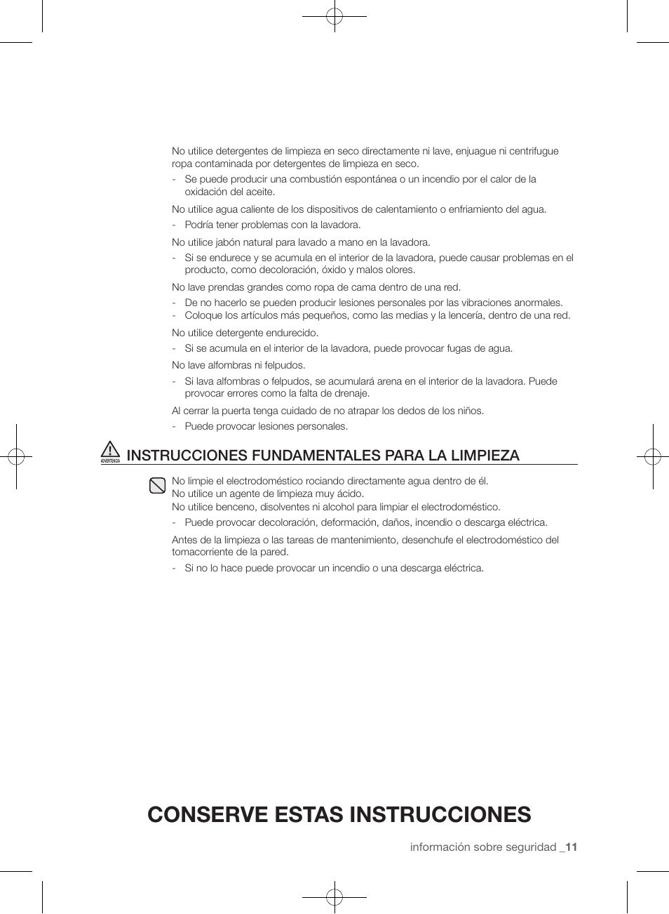 Conserve estas instrucciones, Instrucciones fundamentales para la limpieza | Samsung WF435ATGJRA-A1 User Manual | Page 107 / 144