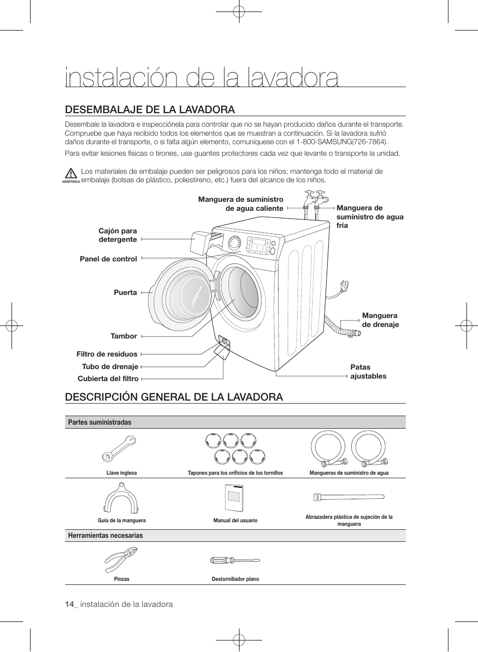 Instalación de la lavadora, Desembalaje de la lavadora, Descripción general de la lavadora | Samsung WF435ATGJRA-A1 User Manual | Page 110 / 144