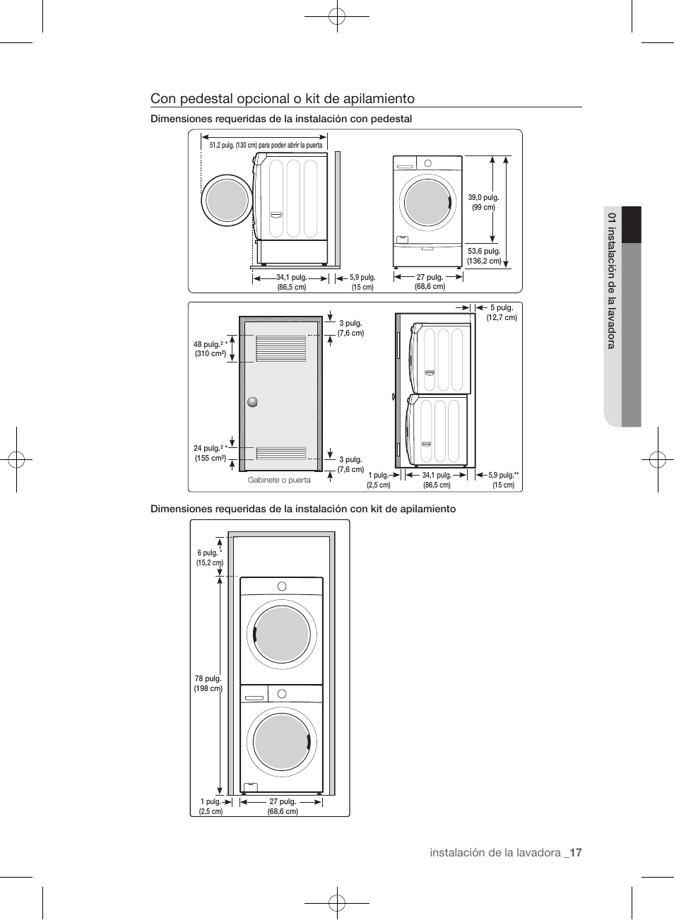 Con pedestal opcional o kit de apilamiento, Instalación de la lavadora | Samsung WF435ATGJRA-A1 User Manual | Page 113 / 144