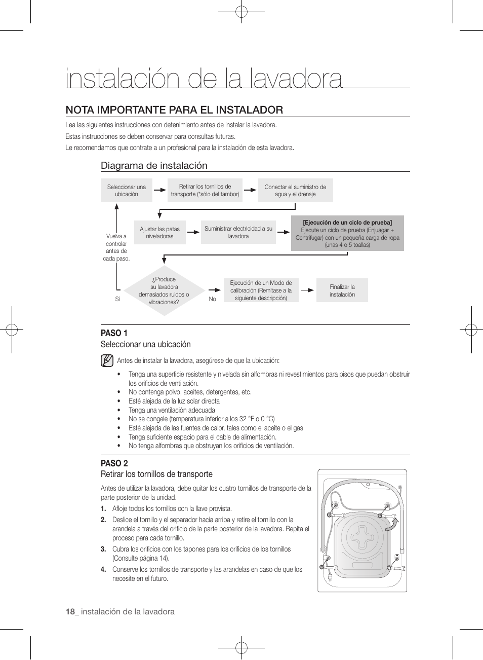 Instalación de la lavadora, Nota importante para el instalador, Diagrama de instalación | Samsung WF435ATGJRA-A1 User Manual | Page 114 / 144