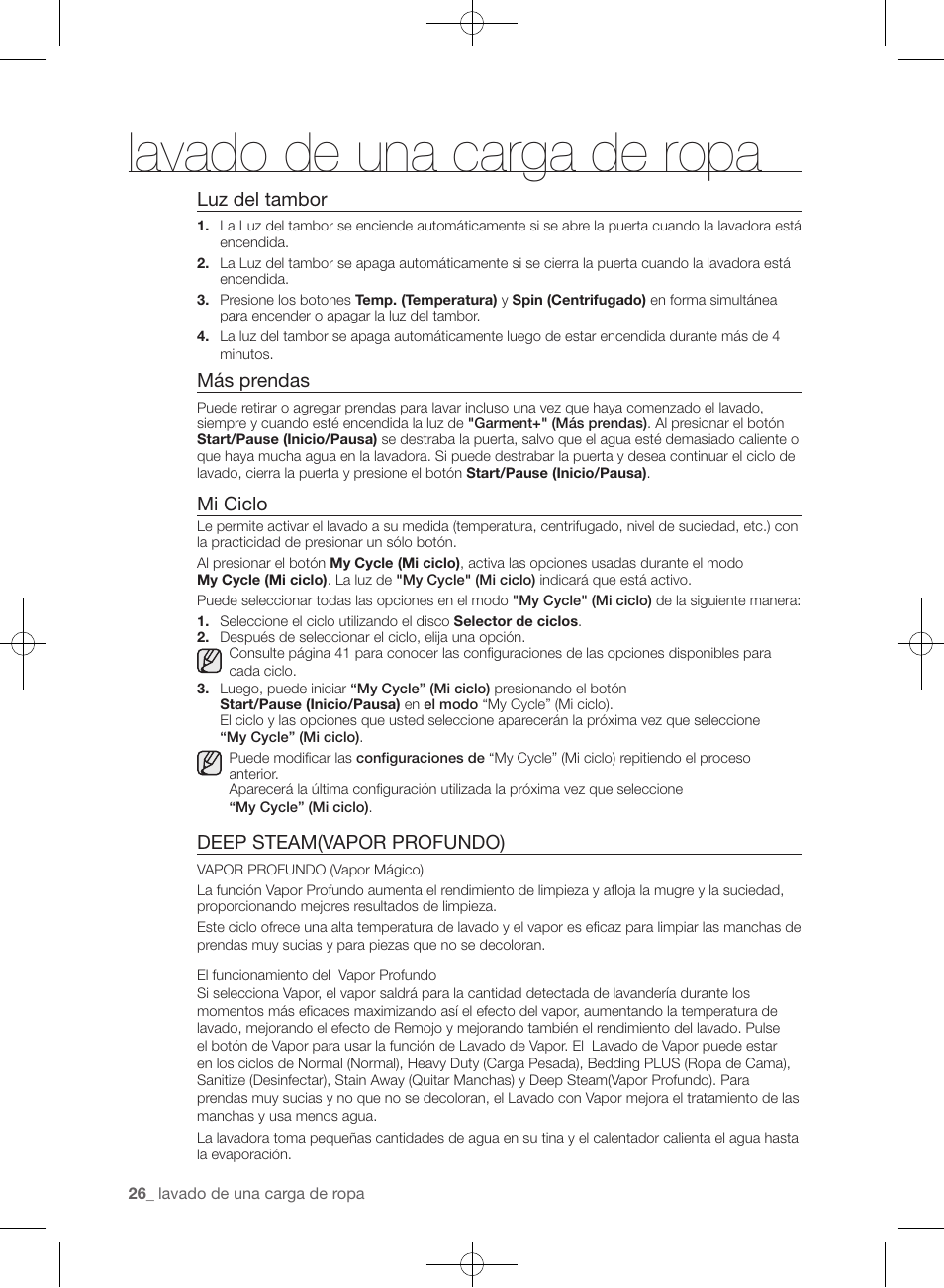 Lavado de una carga de ropa, Luz del tambor, Más prendas | Mi ciclo, Deep steam(vapor profundo) | Samsung WF435ATGJRA-A1 User Manual | Page 122 / 144
