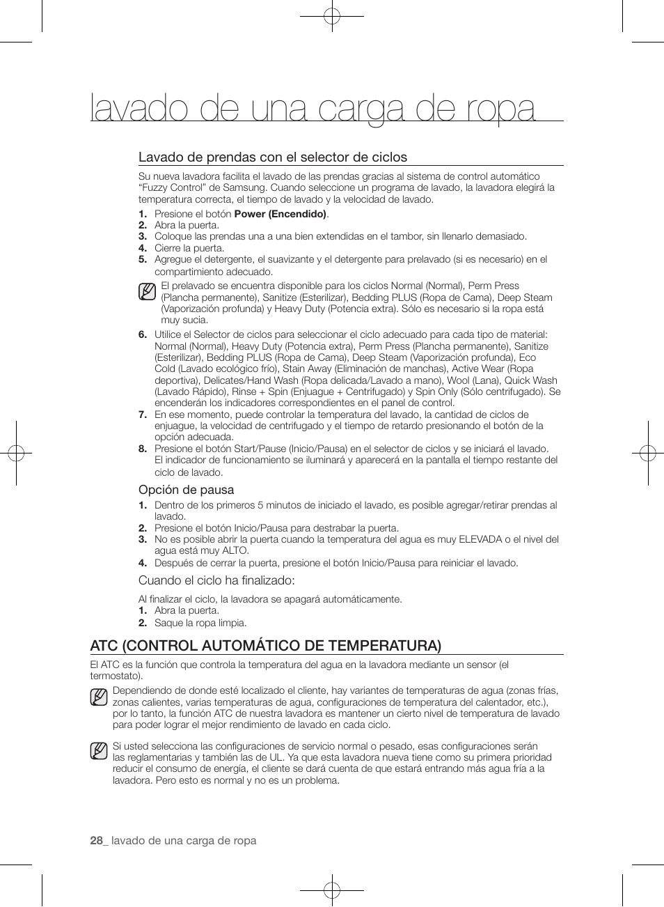 Lavado de una carga de ropa, Atc (control automático de temperatura), Lavado de prendas con el selector de ciclos | Samsung WF435ATGJRA-A1 User Manual | Page 124 / 144