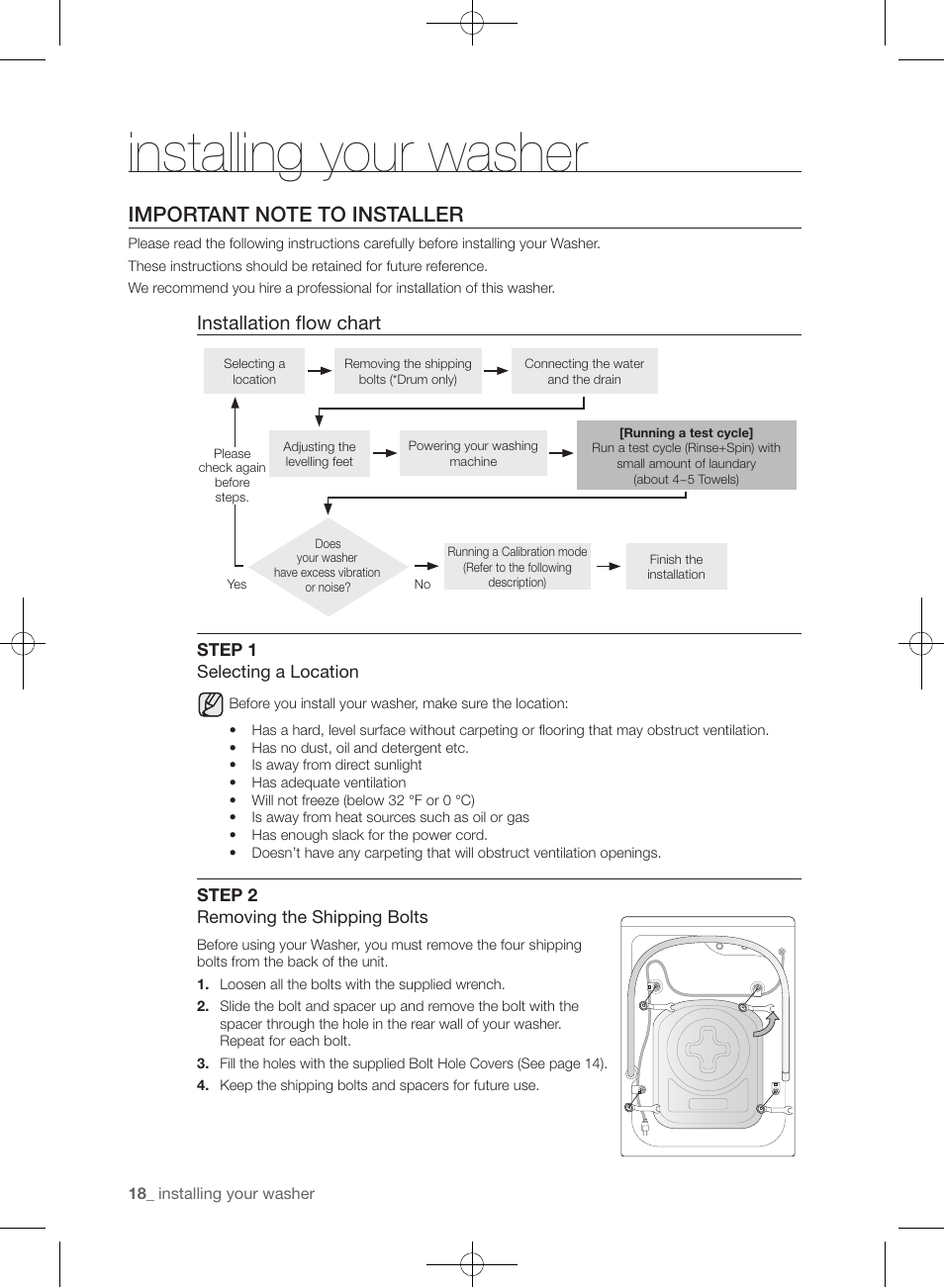 Installing your washer, Installation flow chart | Samsung WF435ATGJRA-A1 User Manual | Page 18 / 144