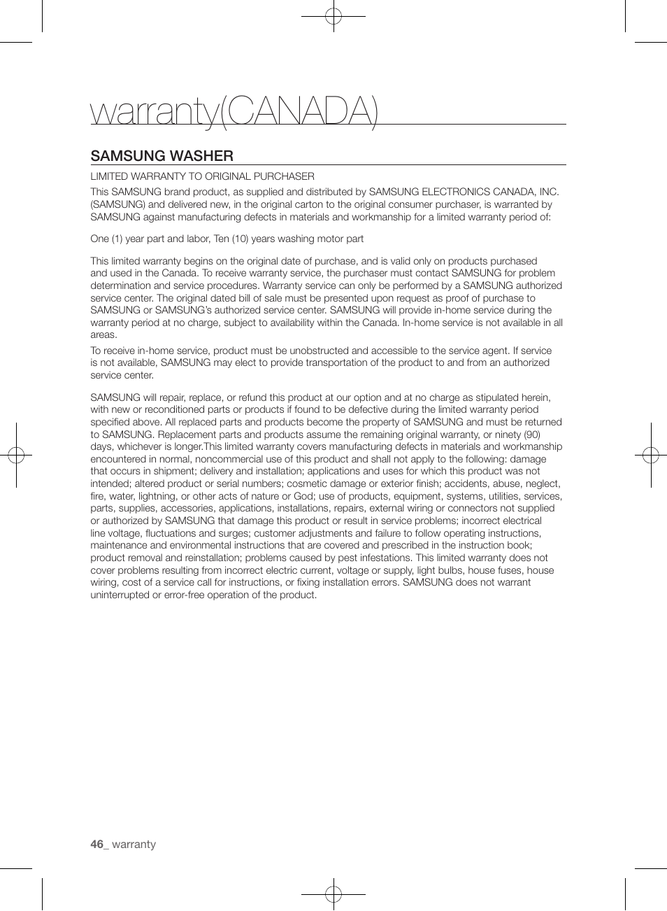 Warranty(canada) | Samsung WF435ATGJRA-A1 User Manual | Page 46 / 144