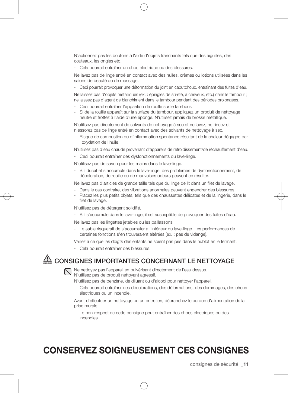 Conservez soigneusement ces consignes, Consignes importantes concernant le nettoyage | Samsung WF435ATGJRA-A1 User Manual | Page 59 / 144