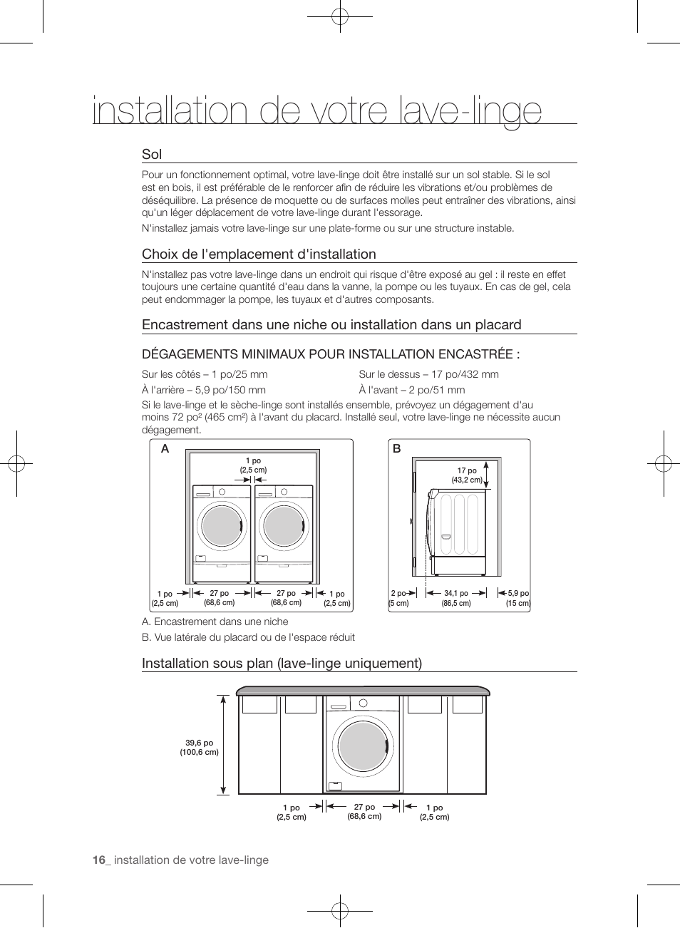 Installation de votre lave-linge, Choix de l'emplacement d'installation, Installation sous plan (lave-linge uniquement) | Samsung WF435ATGJRA-A1 User Manual | Page 64 / 144