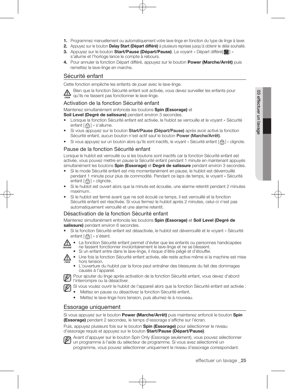 Sécurité enfant, Essorage uniquement | Samsung WF435ATGJRA-A1 User Manual | Page 73 / 144