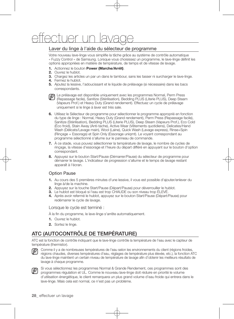Effectuer un lavage, Atc (autocontrôle de température), Laver du linge à l'aide du sélecteur de programme | Samsung WF435ATGJRA-A1 User Manual | Page 76 / 144