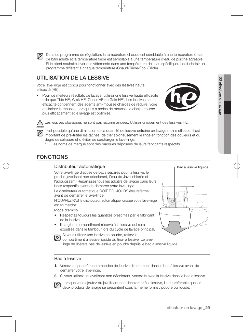 Utilisation de la lessive, Fonctions | Samsung WF435ATGJRA-A1 User Manual | Page 77 / 144